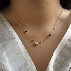 anti tarnish modern gold mangalsutra necklace with black beads for women, modern anti tarnish gold mangalsutra with black beads, waterproof daily wear mangalsutra necklace for women, elegant gold finish anti tarnish mangalsutra, stylish black bead mangalsutra for everyday wear, minimal modern mangalsutra necklace in gold finish, anti tarnish mangalsutra jewellery for women, lightweight waterproof gold mangalsutra necklace
